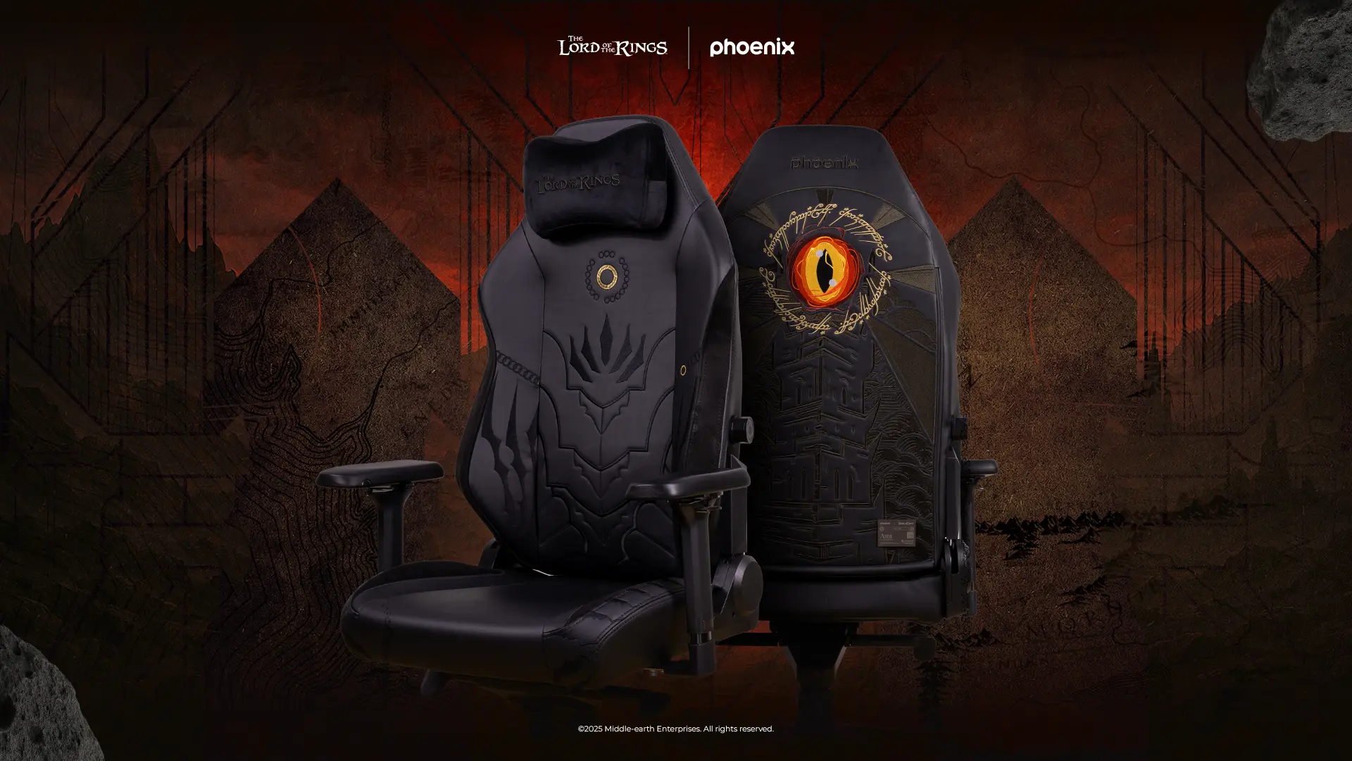 Silla gaming LOTR Mordor edición minimalista Ojo Sauron negro rojo Phoenix Technologies