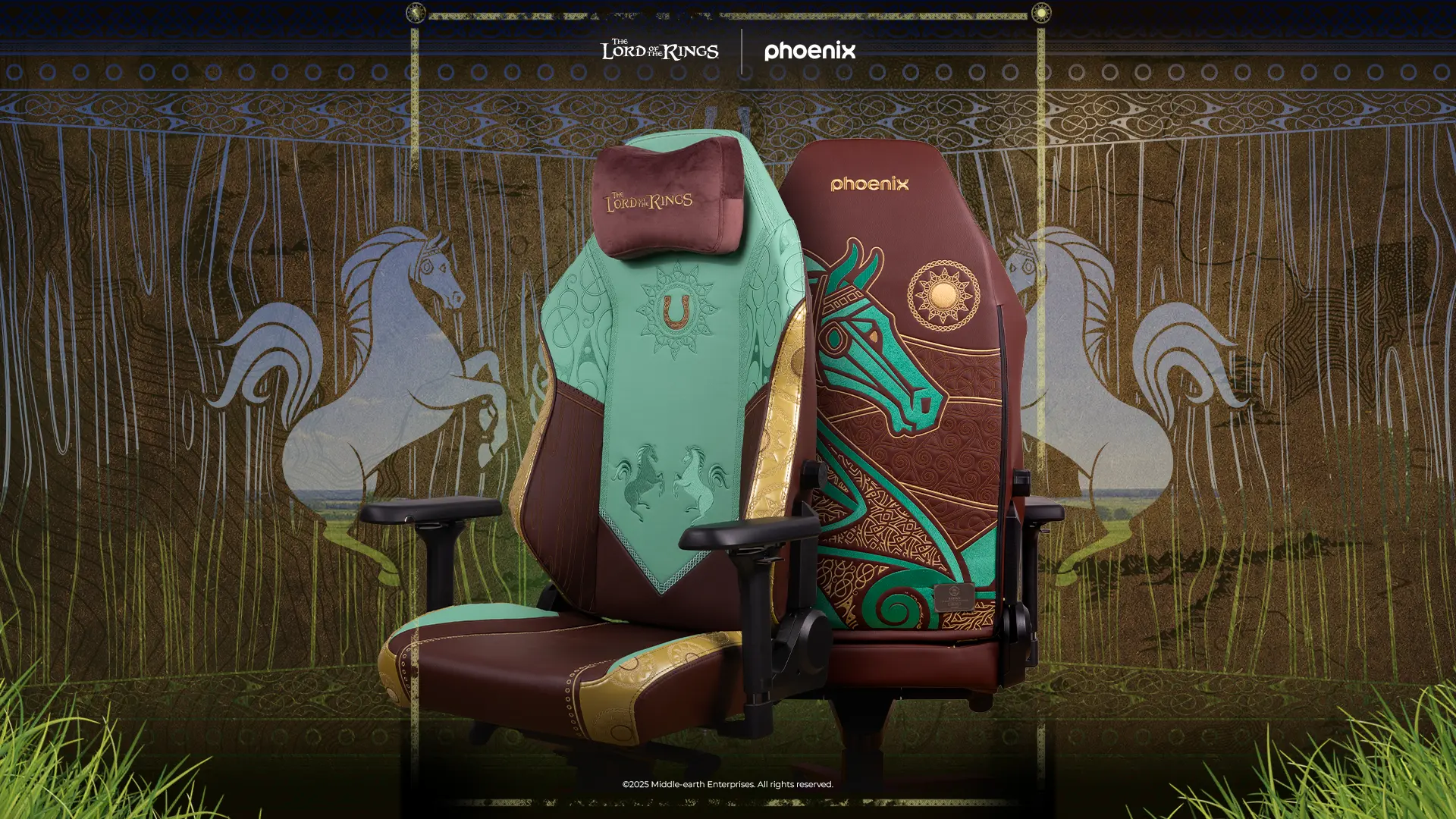 Silla gaming LOTR Rohan edición minimalista caballo sol geométrico verde dorado rojo Phoenix Technologies