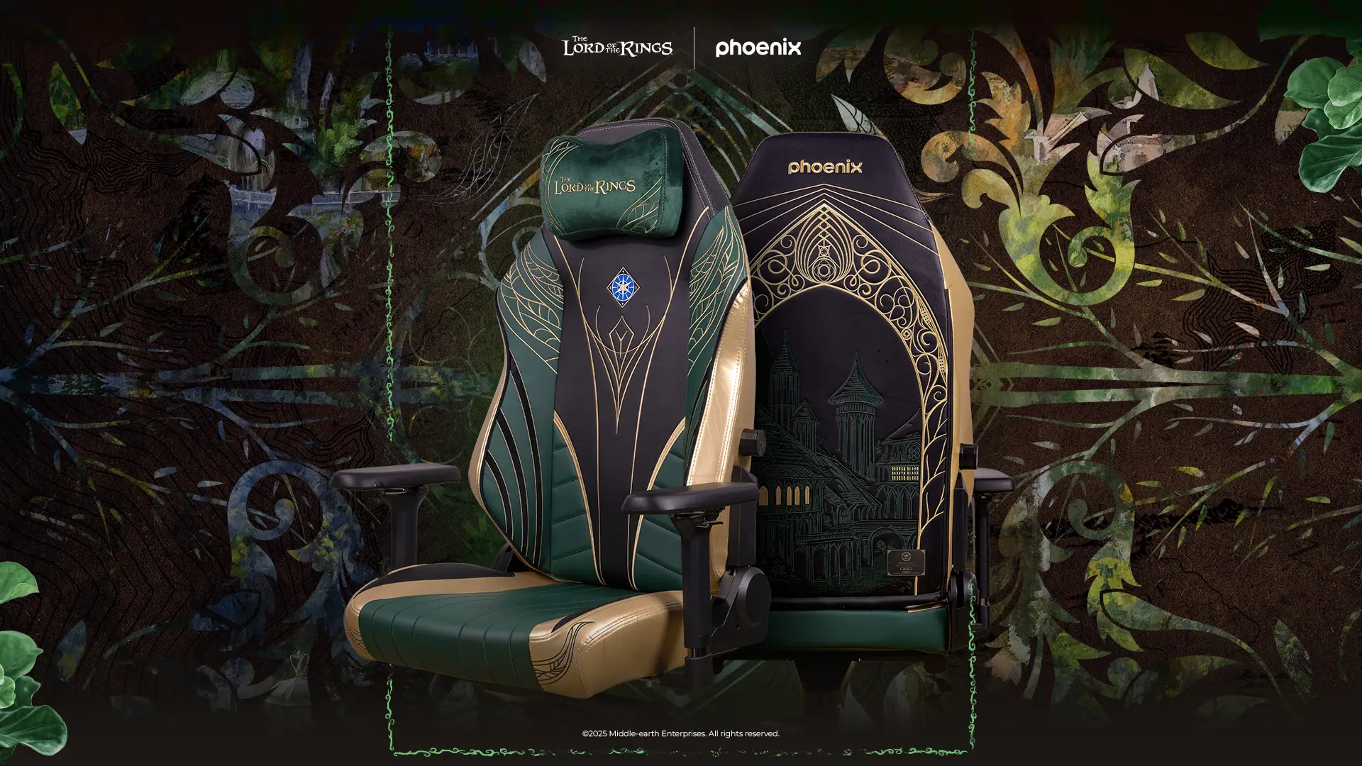 Silla gaming LOTR Rivendell edición minimalista motivos élficos verde dorado Phoenix Technologies